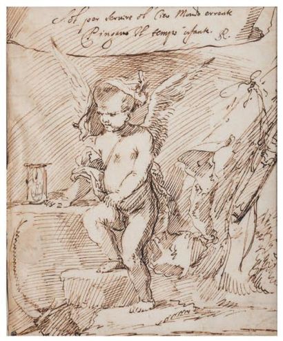 ROSA Salvator 1615 - 1673 Le Temps enfant contemplant un sablier Plume et encre brune...