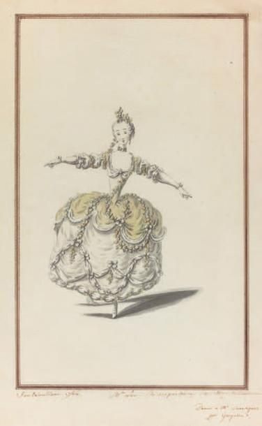 BOQUET Louis - René Paris1717 - 1814 Étude de costume pour une danseuse Plume, encre...