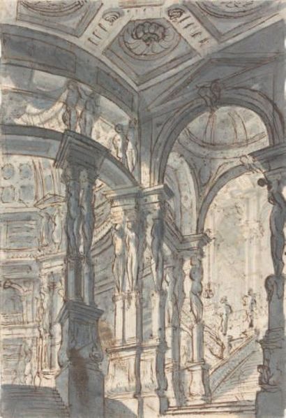 ÉCOLE BOLONAISE du XVIIIe siècle Entourage de l'atelier des Bibiena Entrée d'un escalier...