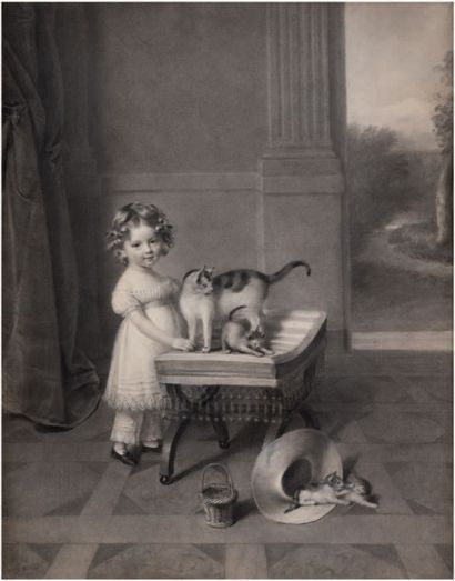 École FRANÇAISE vers 1810 
Petite fille avec une chatte et ses chatons
Fusain, estompe...
