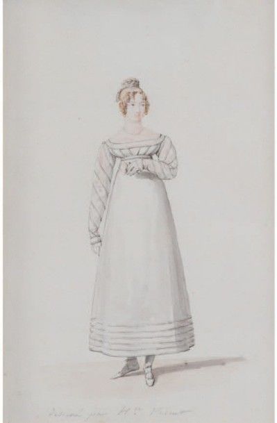 VERNET Horace 
Elégante en robe blanche (modèle pour la revue des Modes)
Aquarelle.
Signé...