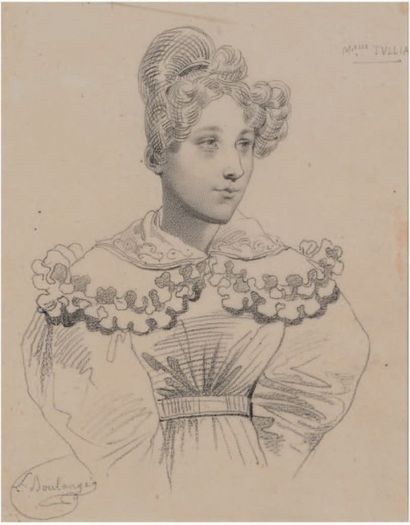 BOULANGER Louis 1806 - 1867 
Portrait de Mademoiselle Tullia
Fusain.
Signé en bas...