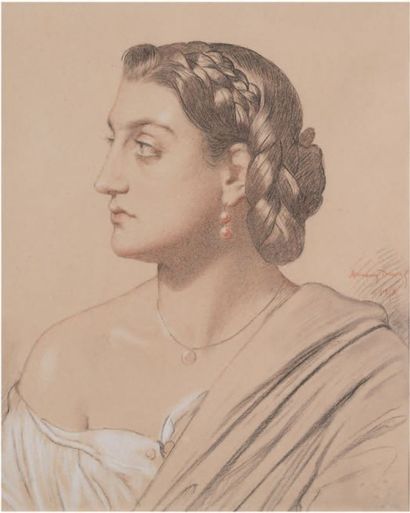 AMAURY - DUVAL Eugène - Emmanuel (Pigneux - 
Portrait de femme en buste et de profil
Fusain,...