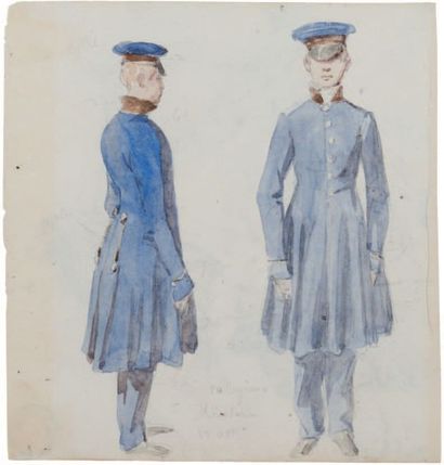 RAFFET Auguste 
1 - Deux élèves officiers de marine
Crayon noir et aquarelle. Montage.
Légendé...