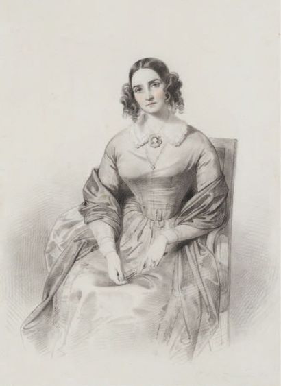 DEVERIA Eugène 
Portrait de femme assise enveloppée dans un châle
Fusain, estompe...