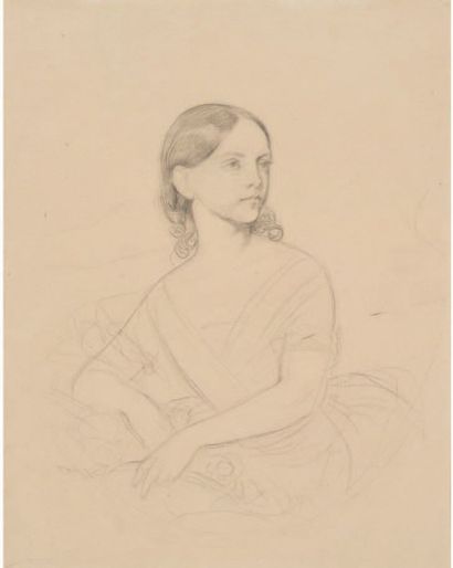 DEVERIA Eugène 
Etude pour un portrait de jeune femme en ovale
Fusain. Montage.
Au...