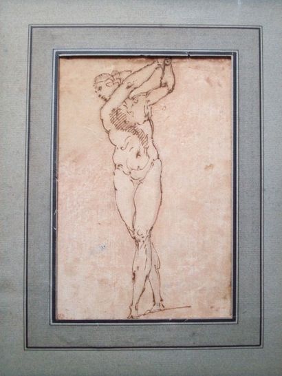 ÉCOLE ITALIENNE Fin du XVIe siècle Étude de femme nue, les bras levés
Plume et encre...