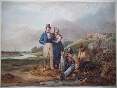 LEPRINCE Auguste Xavier 1799 - 1826 La rencontre des promeneurs
Aquarelle. Collé...