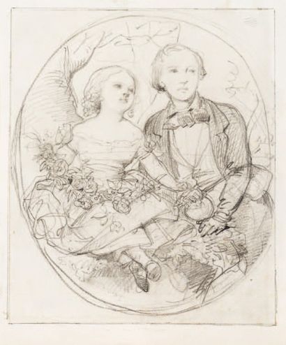 DEVERIA Eugène Étude pour un portrait de deux enfants en ovale
Crayon noir.
Au revers...