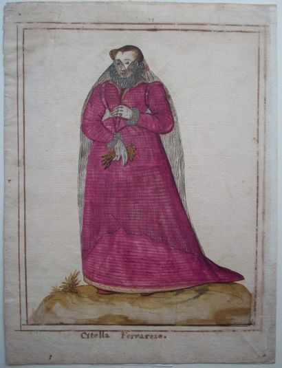 École ITALIENNE du XVIe siècle Portrait d'une femme de Ferrare dans une grande robe...