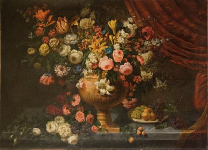 ECOLE FRANÇAISE vers 1880 Bouquet de fleurs sur un entablement Huile sur toile 88...