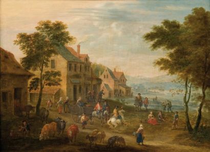 MATHYS SCHOEVAERTS (BRUXELLES C.1665-1694) Paysans se rendant à une foire de village...