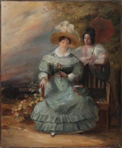 ÉCOLE FRANÇAISE VERS 1830-1840 Portrait de femme assise dans un parc accompagnée...