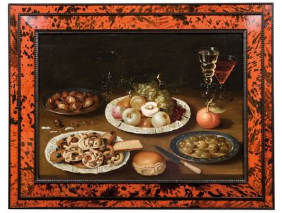 OSIAS BEERT (ANVERS C.1580-1624) Nature morte aux quatre plats et verres de vin Panneau...