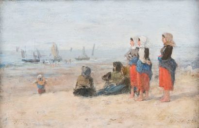 EUGÈNE BOUDIN 1824-1898 Berck, la dune vers 1874-1876 Huile sur panneau, signée en...