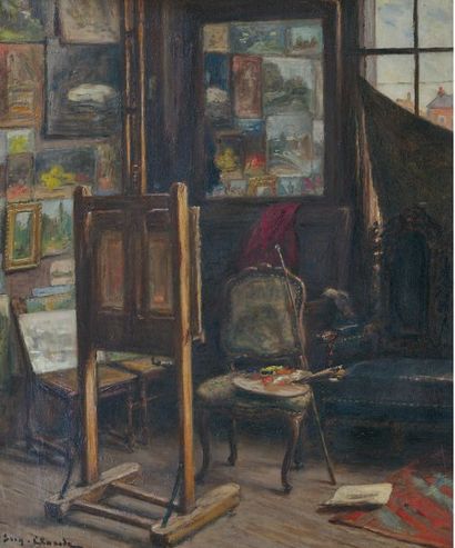 EUGÈNE CLAUDE 1841-1922 Dans l'atelier Huile sur toile, signée en bas à gauche 46...