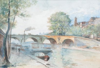 LUCIEN GAUTIER 1850-1925 Paris, la Seine au Pont Marie Aquarelle, signée en bas à...