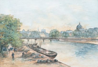 LUCIEN GAUTIER 1850-1925 Paris, la Seine à l'Institut Aquarelle, signée en bas à...