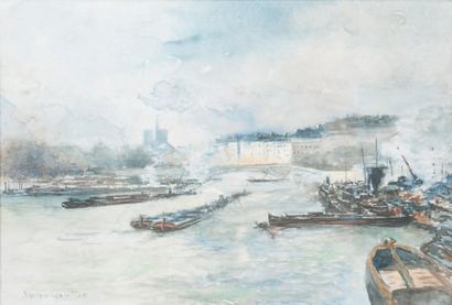 LUCIEN GAUTIER 1850-1925 Paris, temps gris sur Notre-Dame Aquarelle, signée en bas...