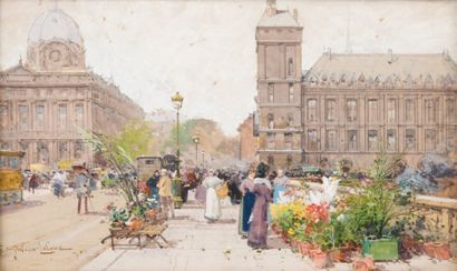 EUGÈNE GALIEN-LALOUE 1854-1941 Paris, marché aux fleurs au Pont au Change Gouache,...