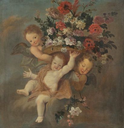 ECOLE FLAMANDE DU XVIIIE SIÈCLE Trois putti supportant une corbeille de fleurs. Toile....
