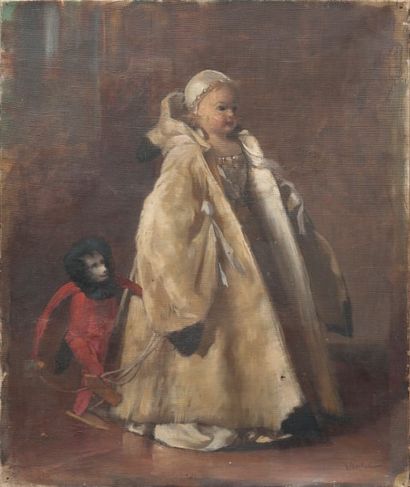 ERNEST BORDES 1852-1914 Le singe et la poupée. Huile sur toile, signée en bas à droite...