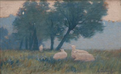 ALPHONSE OSBERT 1857-1939 Les moutons, 1892 Huile sur panneau signée en bas à droite,...