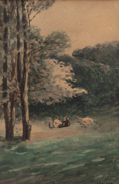 ENRIQUE ATALAYA 1851-1913 A l'ombre des arbres. Aquarelle signée en bas à droite....
