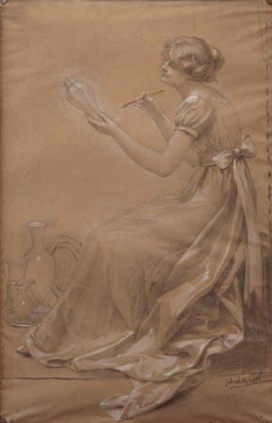 GABRIEL DE COOL 1854-1908 La céramiste. Dessin au crayon noir et à l'estompe rehaussé...