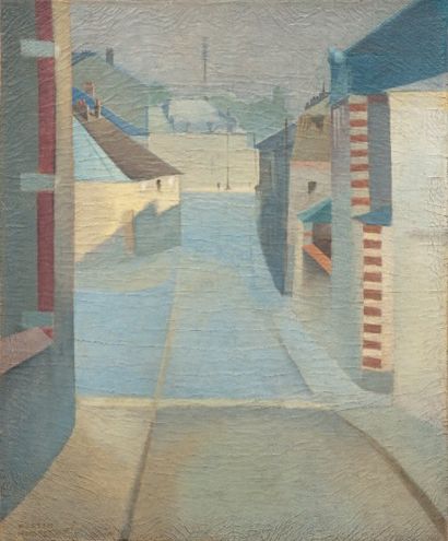 MARTIN HUBRECHT 1892-1965 Reims, la rue Martin Peller, 1923. Huile sur toile signée...