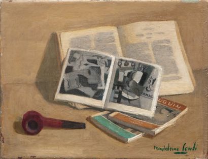 MADELEINE SCALI 1911-2000 Les livres d'art. Huile sur toile signée en bas à droite....