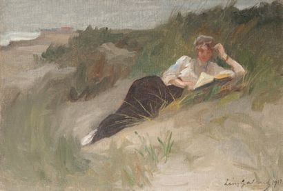 LÉON-LAURENT GALAND 1872-1960) La lecture sur la dune, 1917 Huile sur toile, signée...