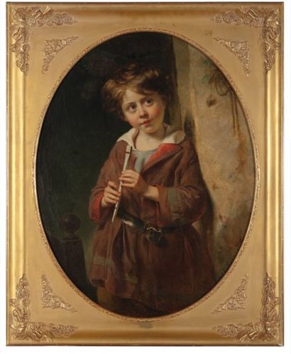 S.T. POELE Le jeune flûtiste, 1858 Huile sur toile de forme ovale, signée et datée...
