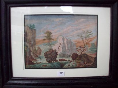 ECOLE FRANCAISE ou FLAMANDE Milieu du XVIIe siècle Paysage au torrent avec deux personnages...