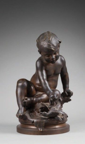 Auguste MOREAU (1834-1917) L'enfant et le caneton
Épreuve en bronze à patine brune,...