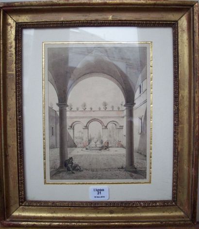 FRANCK Philippe Vue d'une cour en Italie avec une fontaine sous des ar­cades (Rome?)
Lavis...
