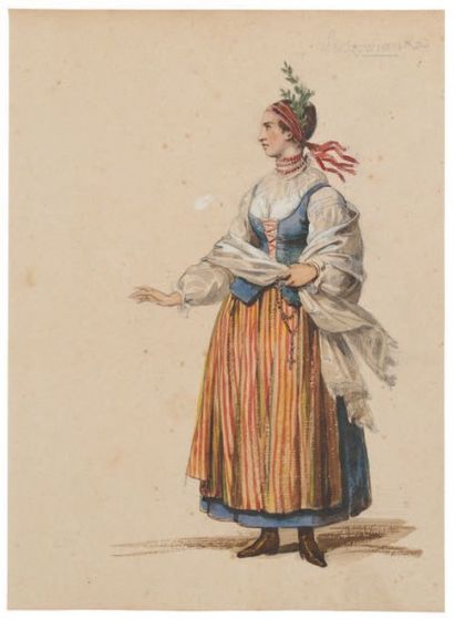 DEVERIA Eugène Études de costumes polonais 1 - Femme de Prozowianka chapelet en main
Aquarelle...