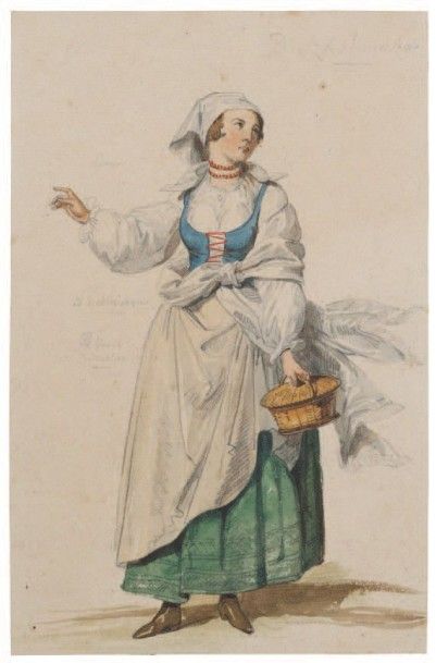 DEVERIA Eugène Études de costumes polonais 1 - Femme de Prozowianka chapelet en main
Aquarelle...