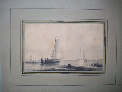 École HOLLANDAISE du XIXe siècle Voiliers et barques le long de la côte
Crayon noir,...