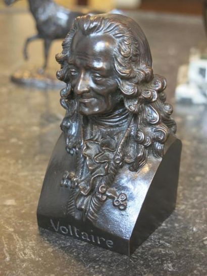 D'après Pierre-Joseph CHARDIGNY (1794-1866) Voltaire en buste.
Bronze à patine brune,...