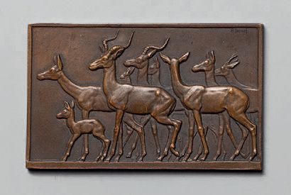THENOT René (1893-1963) Plaquette «Groupe de Gazelles».
Épreuve en bronze à patine...