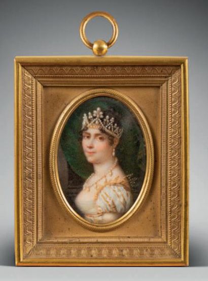 Attribué à Daniel SAINT (1778-1847) Portrait de Joséphine.
Elle porte une parure...