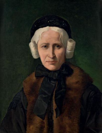 MEUNIER Constantin Emile (Attribué à) Portrait de femme âgée au manteau à col de...