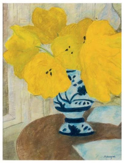 Pierre BONCOMPAIN (né en 1938) Fleurs jaunes au vase bleu et blanc
Pastel, signé...