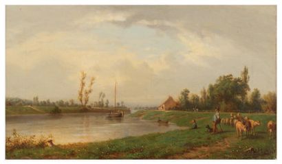 Auguste ALLONGE (1833 - 1898) Berger et ses moutons en bord de rivière, 1880
Huile...