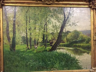 Charles HALLÉ (1867 - 1924) Rivière au printemps
Huile sur toile, signée en bas à...