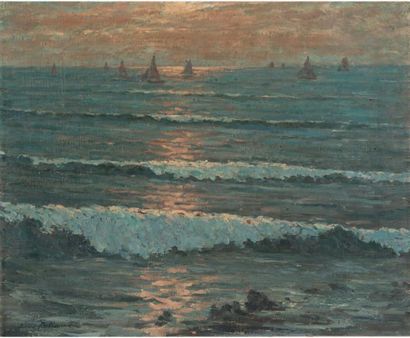 Léon BELLEMONT (1866 - 1961) Voiliers au coucher de soleil
Huile sur toile, signée...