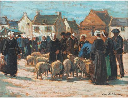 Léon BELLEMONT (1866 - 1961) Bretagne, marché aux moutons
Gouache sur papier marouflé...