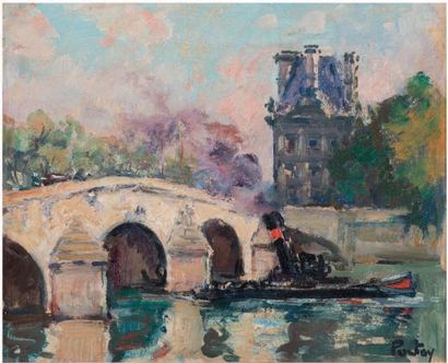 Henri Jean PONTOY (1888 - 1968) Vapeur au Pont Royal
Huile sur carton, signée en...