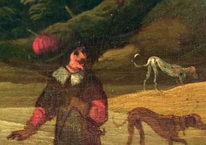 Ecole Flamande du XVII° siècle Paysage au chasseur et personnages
Huile sur panneau,...